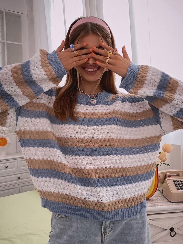 SHEIN Qutie Block Striped Drop Shoulder Sweater | SHEIN