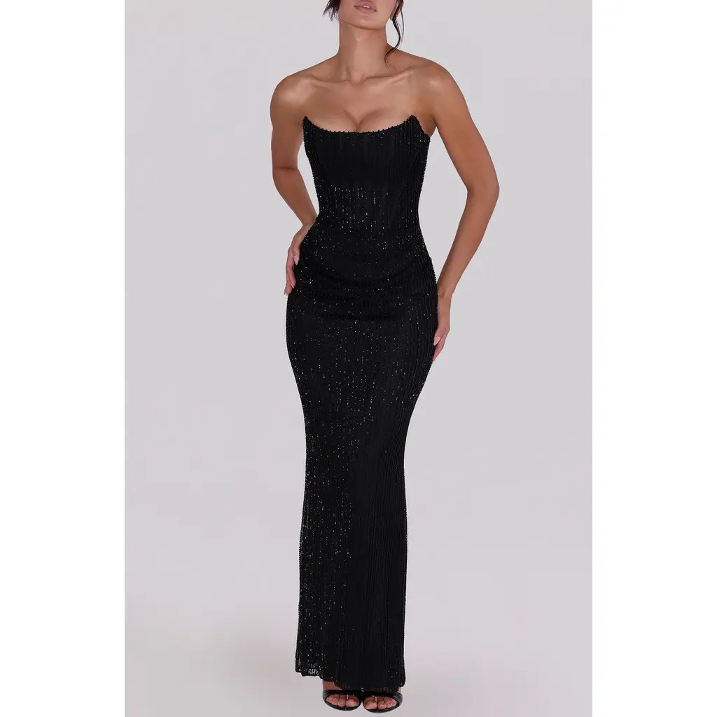 HOUSE OF CB Alicia Hand Beaded Strapless Mermaid Gown in Black at Nordstrom, Size Large | Nordstrom