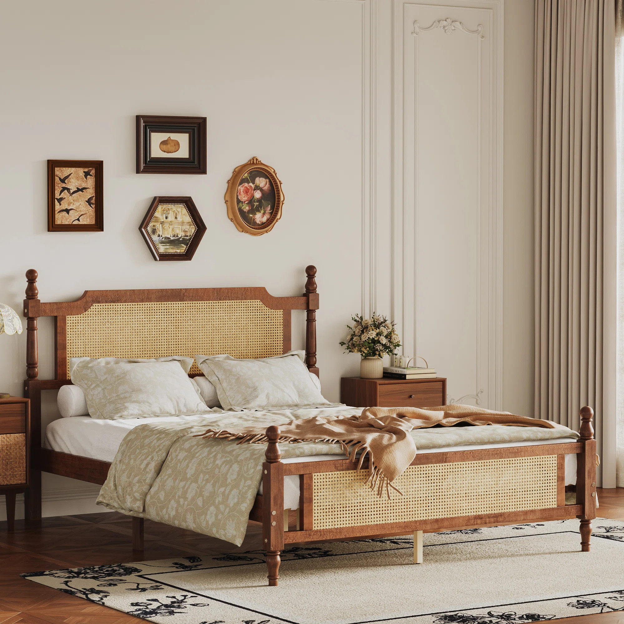 Aimara Pine Wood Bed Frame with Rattan Headboard & Footboard, Spherical Finial Bedposts | Wayfair North America