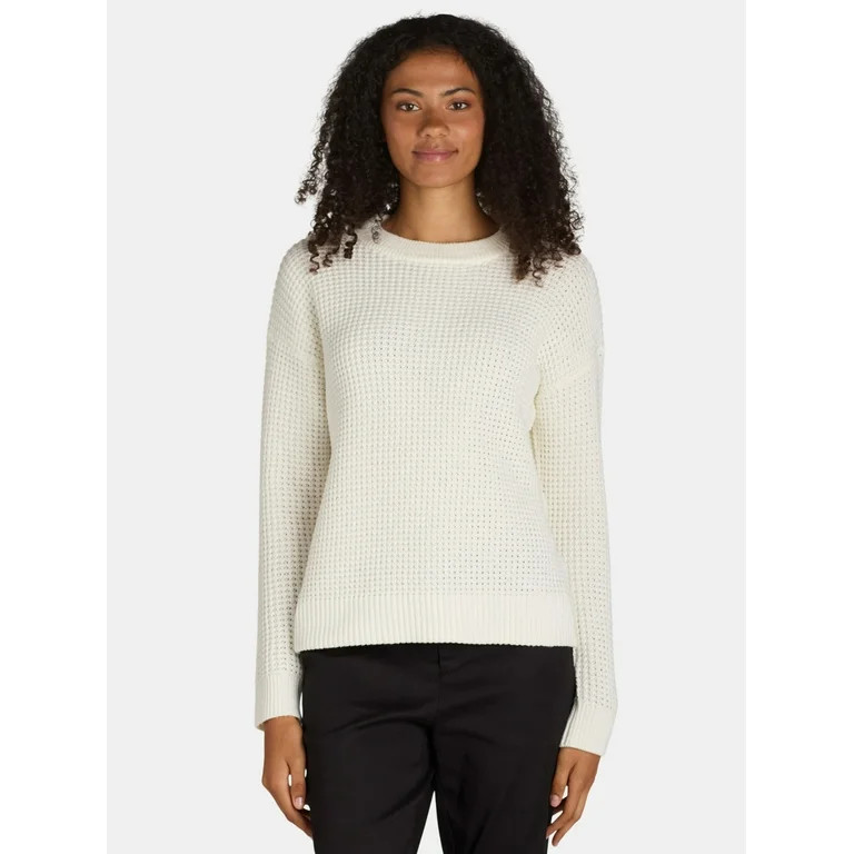 Time and Tru Women's and Women's Plus Waffle Stitch Sweater with Long Sleeves, Midweight, Sizes X... | Walmart (US)