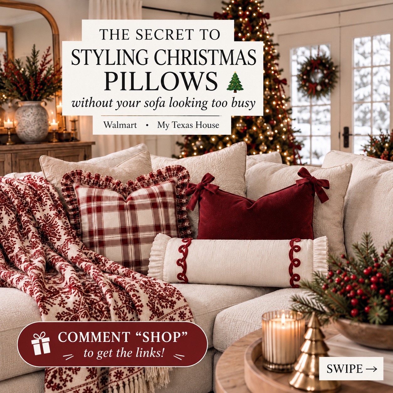 The secret to styling Christmas pillows without making your sofa feel too busy 🎄🤍

I’m loving these My Texas House Christmas finds from Walmart! The burgundy, classic plaid, velvet bows, ruffles and cozy textures make it so easy to create a warm, collected Christmas living room without going overboard.

My easy Christmas pillow styling formula: start with oversized neutral pillows, add a statement pattern, layer in a solid texture, finish with a lumbar pillow, then tie everything together with a coordinating Christmas throw. ❤️

🛍️ COMMENT “SHOP” and I’ll send you the links!

Save this for your Christmas living room decor inspiration + follow for more Walmart home finds, affordable holiday decor and Christmas styling ideas. 🎄

#WalmartFinds #WalmartHome #WalmartChristmas #MyTexasHouse #MyTexasHouseWalmart #ChristmasDecor #ChristmasDecorIdeas #ChristmasHomeDecor #ChristmasLivingRoom #ChristmasPillows #ChristmasDecorInspo #HolidayDecor #HolidayHome #CozyChristmas #ChristmasInspo #SofaStyling #PillowStyling #AffordableHomeDecor #WalmartHomeDecor #HolidayDecorating

#LTKSaleAlert #LTKSeasonal #LTKHome