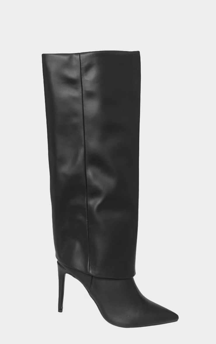 Black PU Point Toe Fold Over High Heeled Calf High Boots | PrettyLittleThing UK