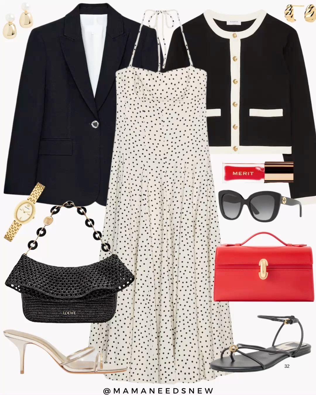 Two ways to wear a polka dot dress for spring, more casual with a cardigan, top handle bag, sandals and dressy with blazer, heels, raffia shoulder bag 