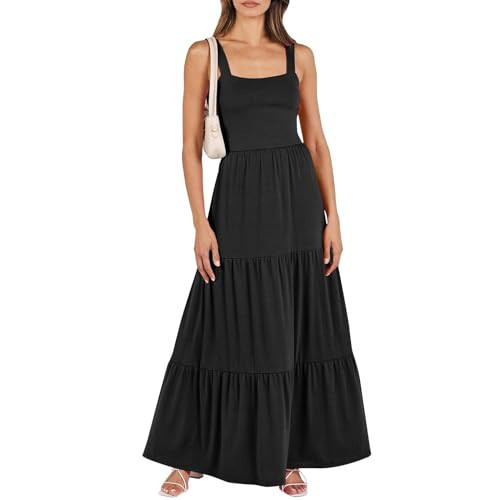 Generic Maxi Dresses for Women Summer Dresses for Women 2024 Casual Beach Maxi Dresses Sleeveless Square Neck Flowy Tiered Sun Dress with Pockets Black XX-Large | Amazon (US)