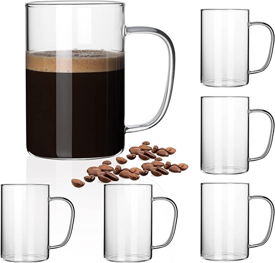 HORLIMER 16 oz Glass Coffee Mugs Set of 6, Clear Coffee Cup with Handle for Tea Cappuccino Latte ... | Amazon (US)
