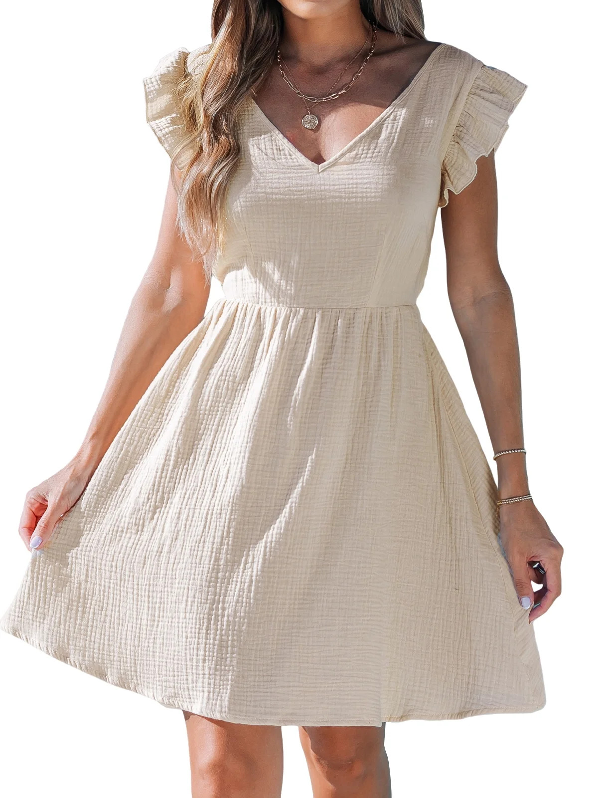 CUPSHE Women's Mini Dress V Neck Flutter Sleeve Cotton Self Tie Back A Line Short Summer Cover Up... | Walmart (US)