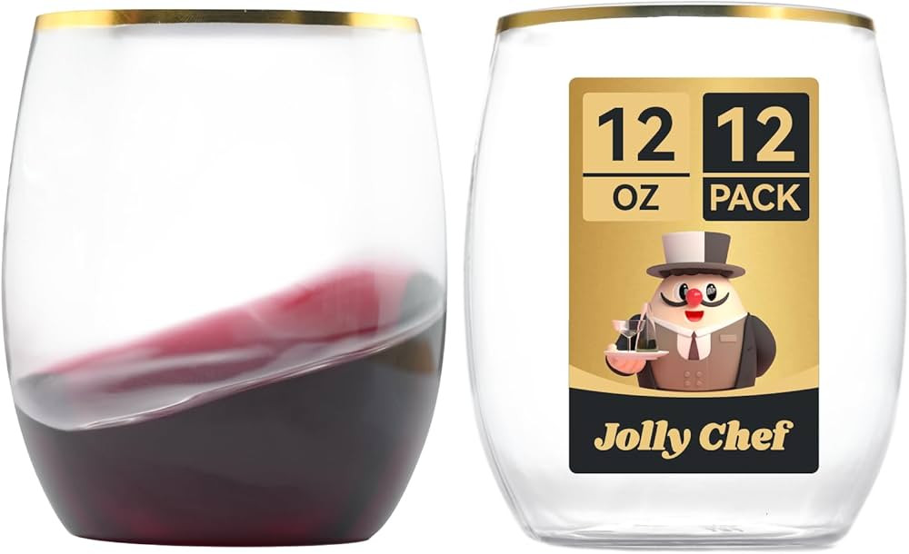 JOLLY CHEF 12 Pack 12oz Gold Plastic Wine Glasses Stemless, Gold Disposable Wine Cups, Premium Qu... | Amazon (US)