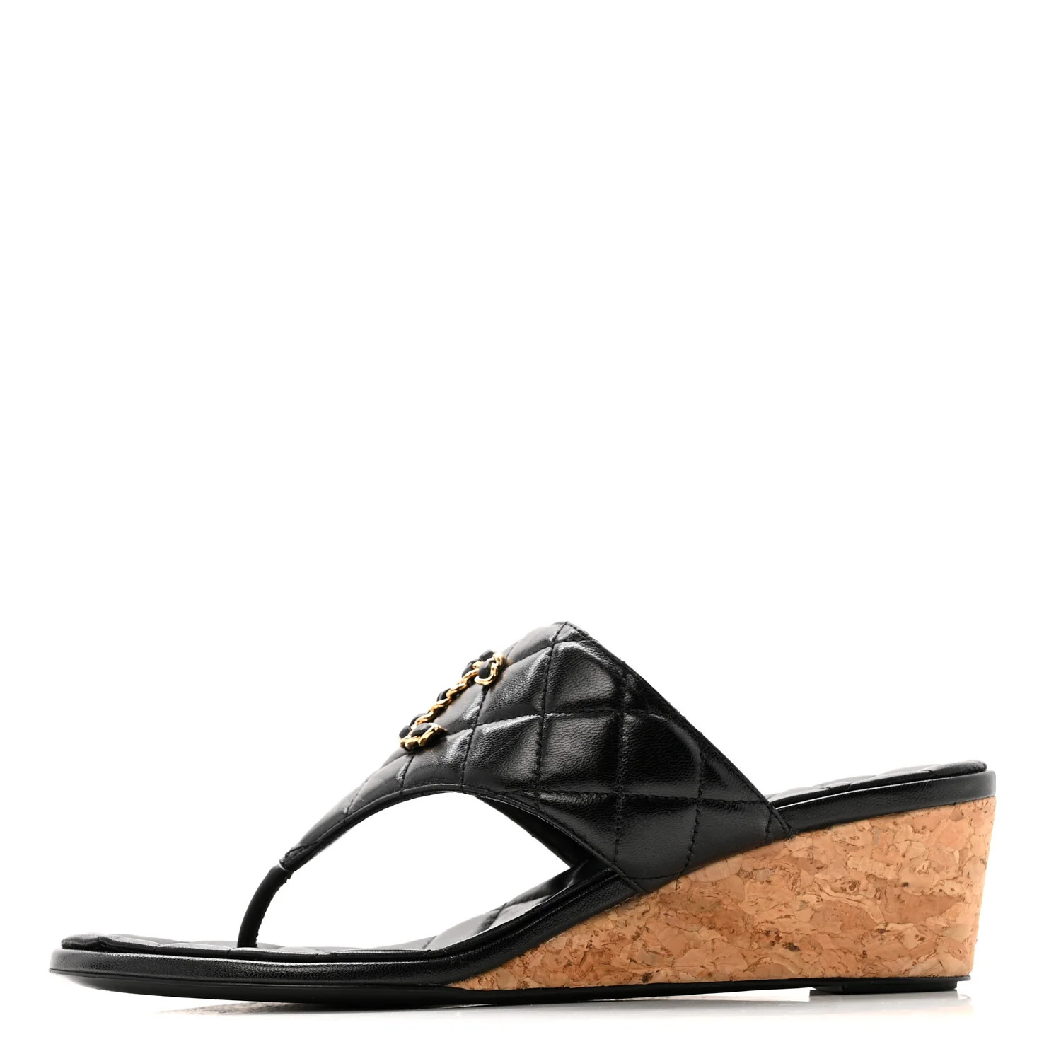Chanel Shiny Goatskin Cork CC Wedge Sandals 37.5 Black 1844937 | FASHIONPHILE (US)