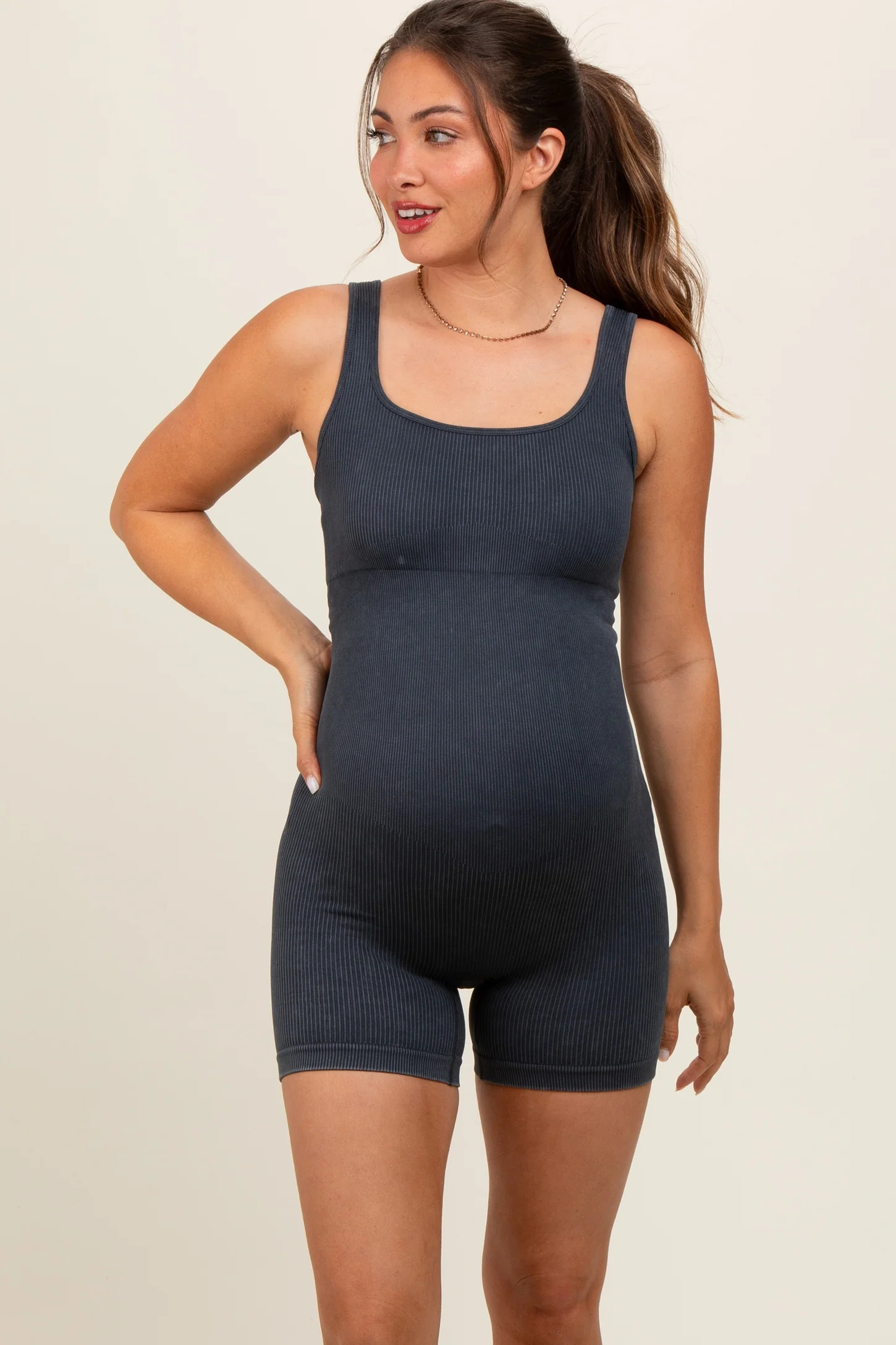 Black Ribbed Essential Body Sculpt Maternity Romper | PinkBlush Maternity