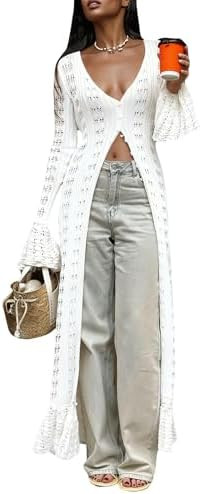 LETSVDO Womens Long Crochet Cardigan Bell Sleeve Ruffle Knit Hollow Out Lightweight Duster Sweate... | Amazon (US)