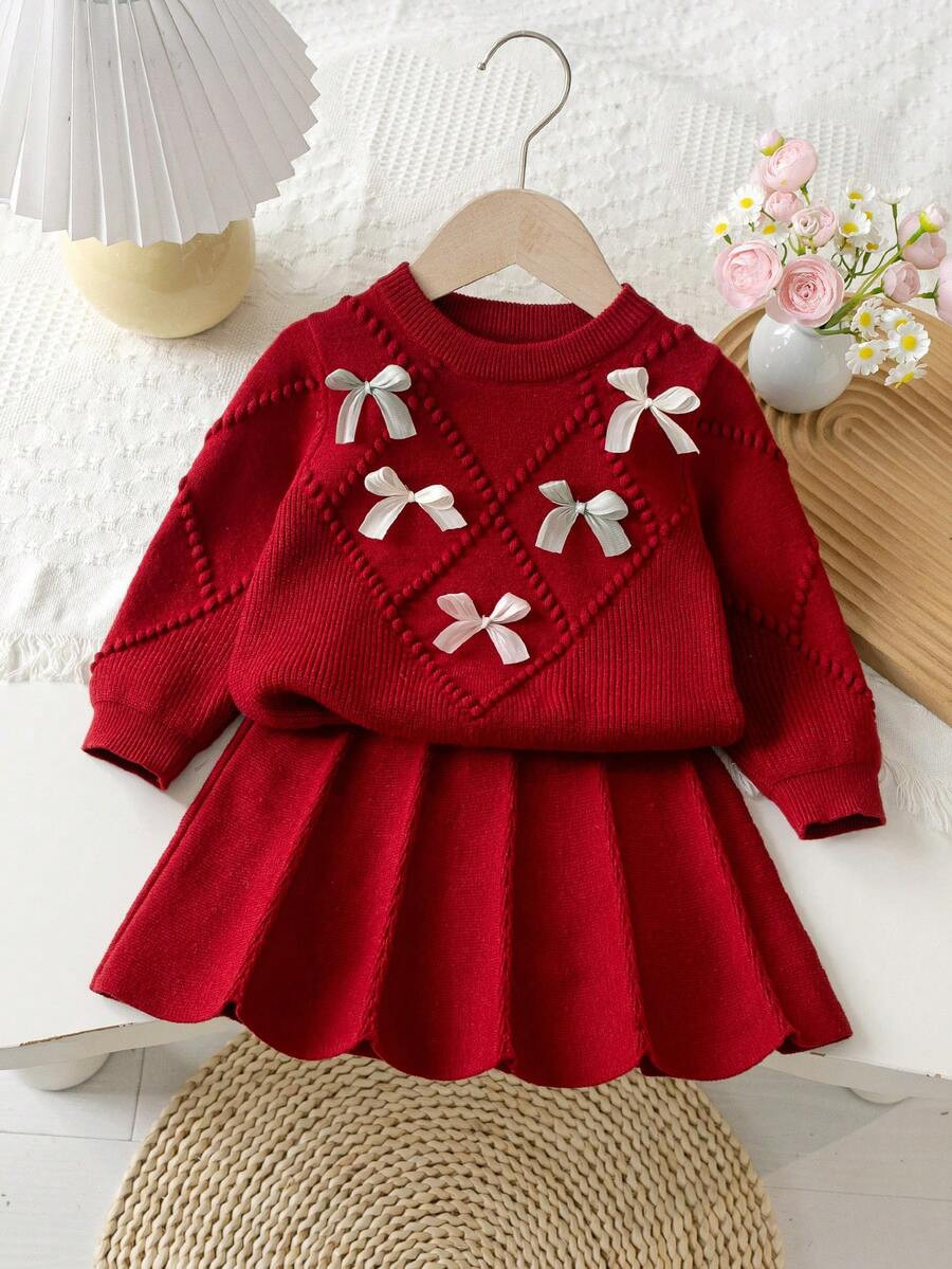 SHEIN 6-9 Months Baby Girls Warm Outfit, Baby Girls Winter Warm Knitted 2 Pieces Set, Cute Bow Sw... | SHEIN