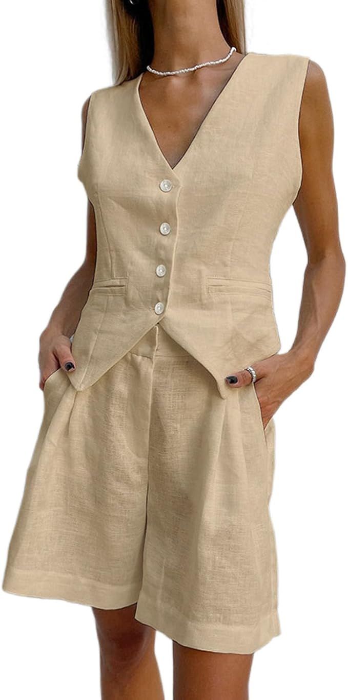 Women 2 Piece Cotton Linen Shorts Outfits Crop Sleeveless Vest Top Matching Sets 2023 Summer Vaca... | Amazon (US)