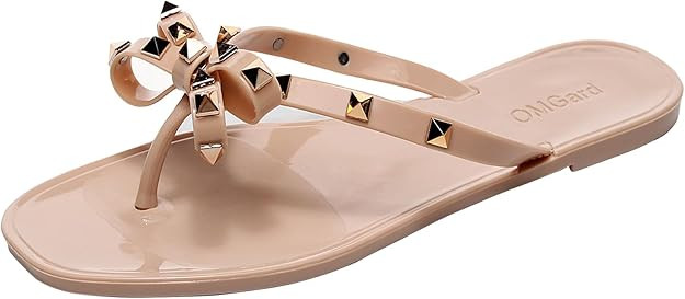 Womens Studded Sandals Bow Flip Flops Jelly Shoes Womens Beige Jellies Flat Size 7, Summer Beach ... | Amazon (US)