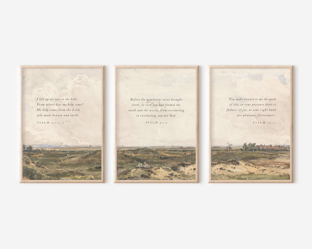 Christian Art Set of 3, Psalm 121, Bible Verse Wall Print, Vintage Landscape Art, Illustrated Scr... | Etsy (US)