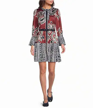 Petite Size Edda Mixed-Printed Satin Crew Neck Long Sleeve Belted Mini Dress | Dillard's