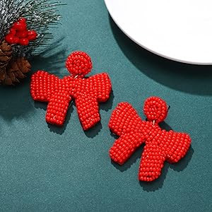 Christmas Earrings Beaded Xmas Bow Earring for Women Handmade Red Green Holiday Bow Drop Dangle E... | Amazon (US)