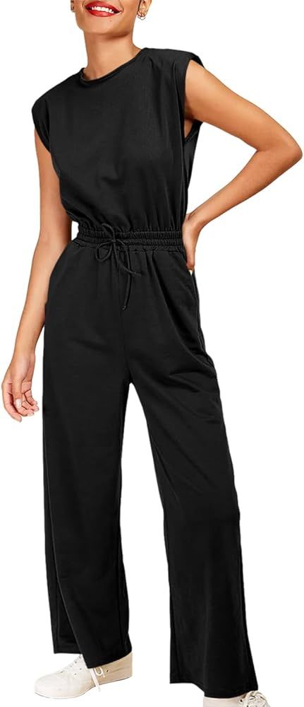Cicy Bell Women's Casual Sleeveless Jumpsuits with Padded Shoulder Wide Leg Elastic Waist Long Pa... | Amazon (US)