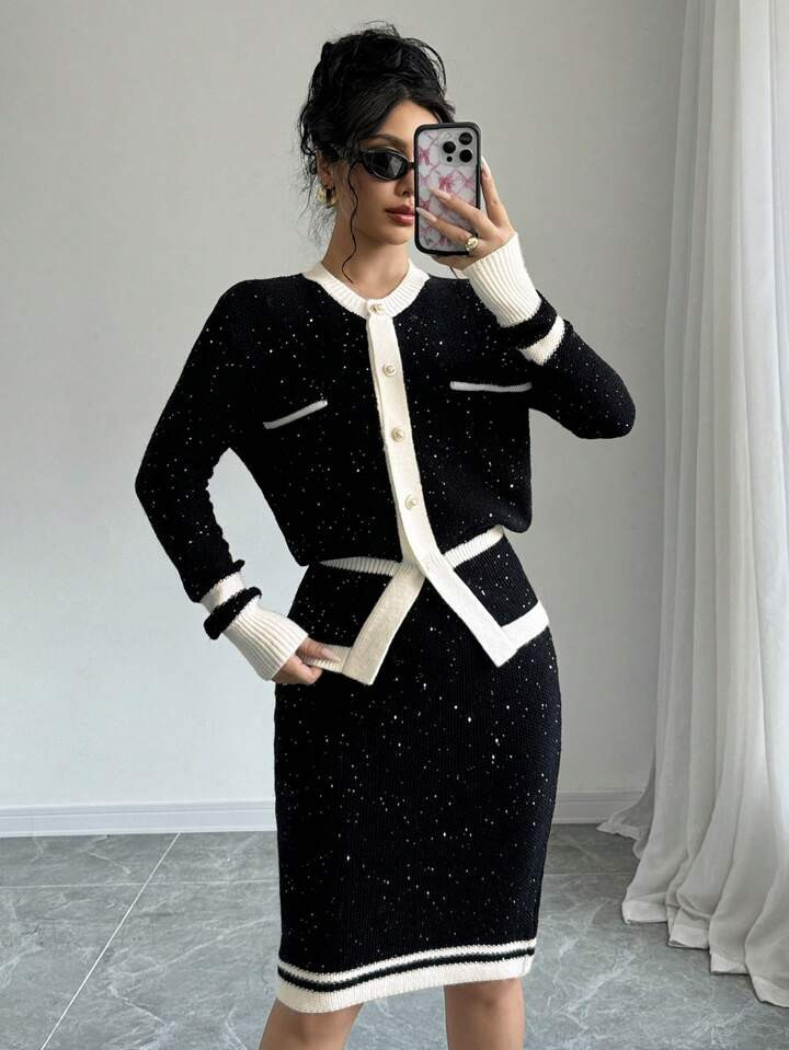 Elenzga 2pcs Women's Elegant Contrast Color Trim Asymmetric Hem Long Sleeve Blouse And Mini Skirt... | SHEIN