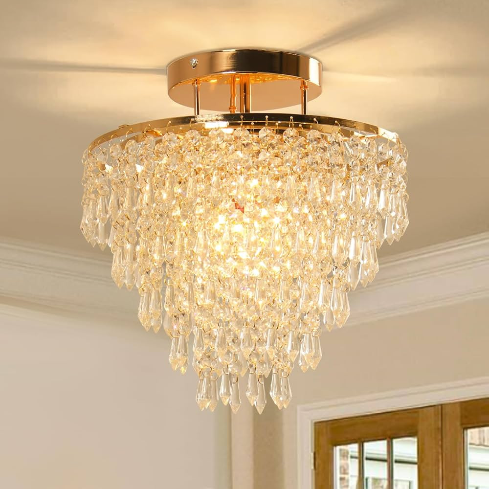 FRIXCHUR 11.8" Crystal Chandelier Gold Crystal Flush Mount Ceiling Light 5 Tiers Raindrops Crysta... | Amazon (US)