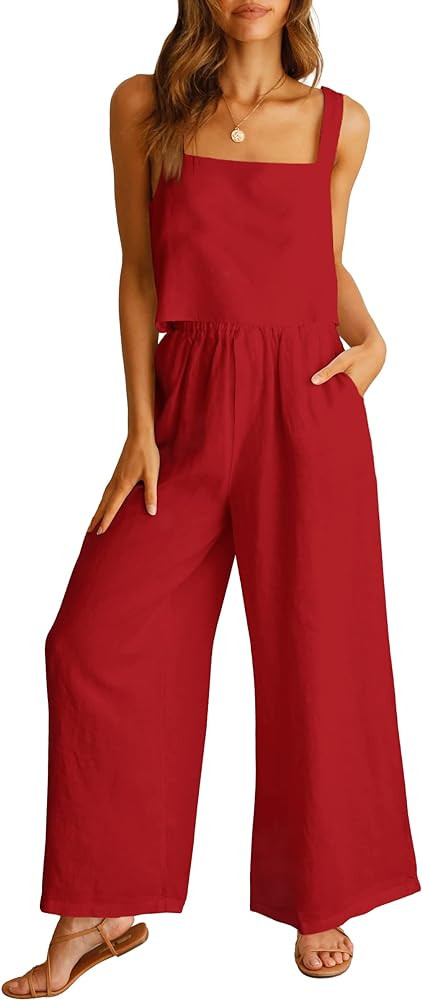 ANRABESS Women's 2 Piece Outfits Linen Pants Jumpsuit Matching Lounge Set Casual Summer Beach Vac... | Amazon (US)