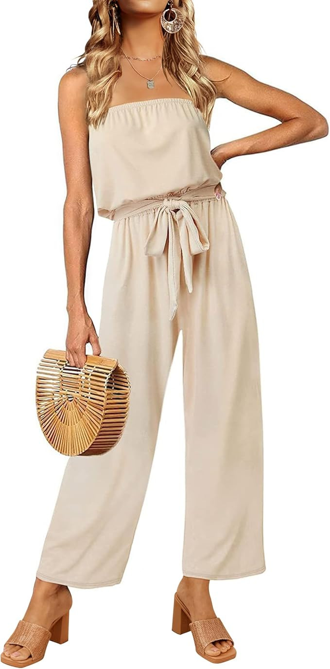 ZESICA Women's Casual Off Shoulder Solid Color Strapless Belted Wide Leg Jumpsuit Romper | Amazon (US)