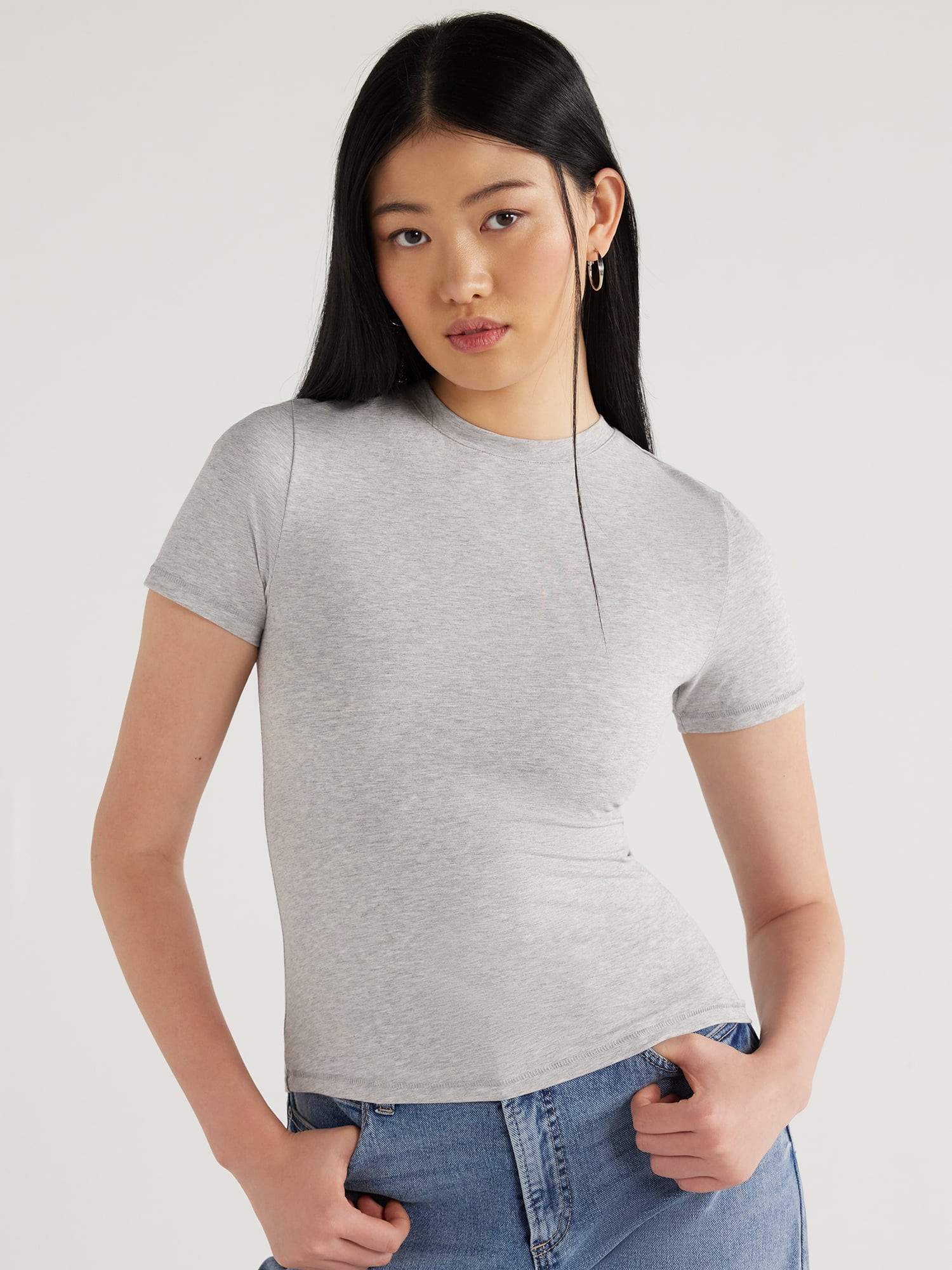 Scoop Women's Stretch Cotton Fitted Baby Tee with Short Sleeves, Sizes XS-XXL | Walmart (US)