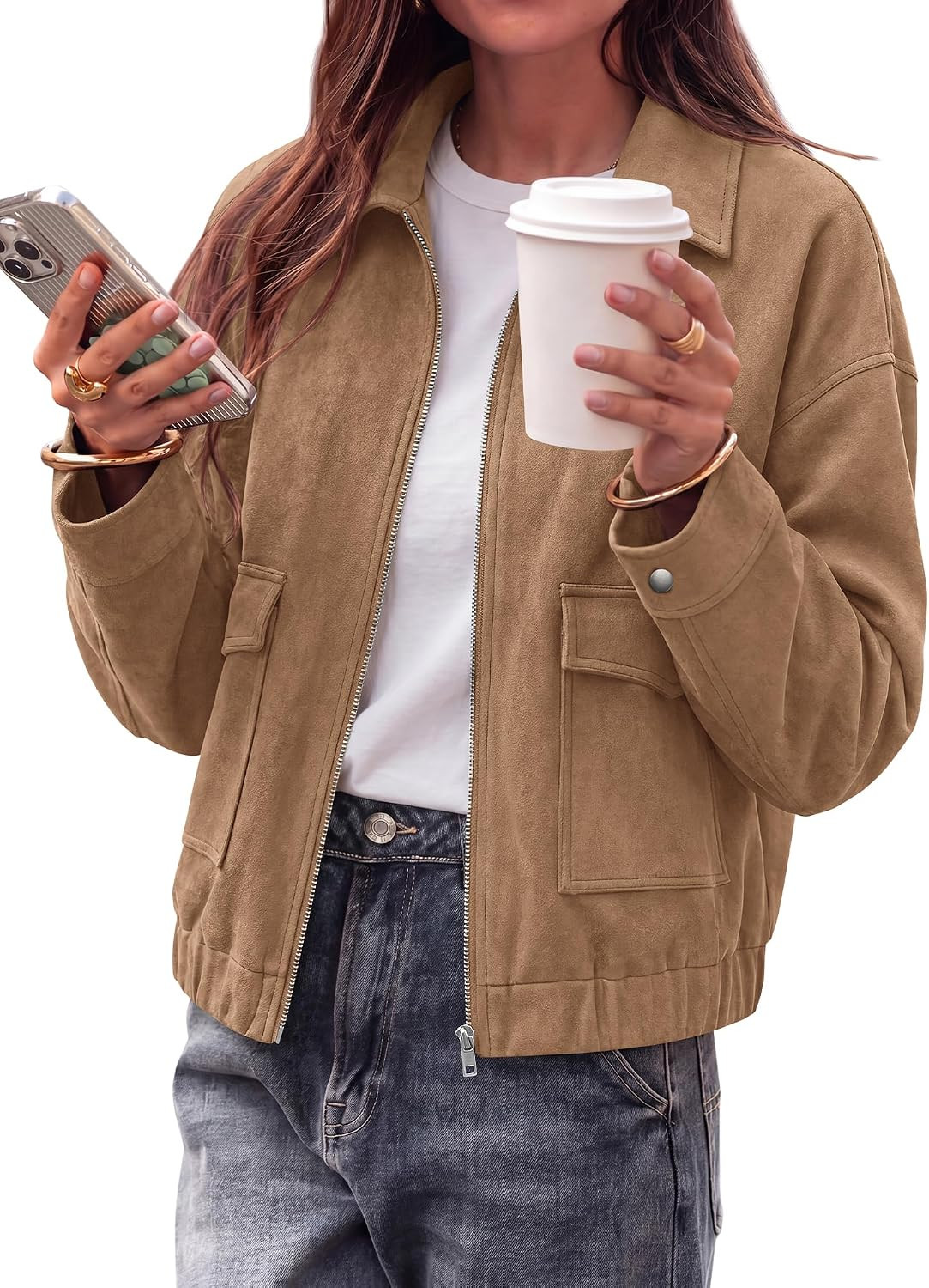 KIRUNDO Womens Faux Suede Jacket Zip Up Cropped Bomber Coats | Amazon (US)