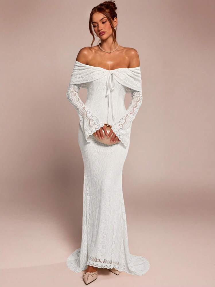 SHEIN BAE Women's Elegant Off Shoulder White Lace Long Sleeve Maxi Mermaid Dress, Suitable For Wedding, Party, Bridesmaid Dress,White Graduation Dress | SHEIN