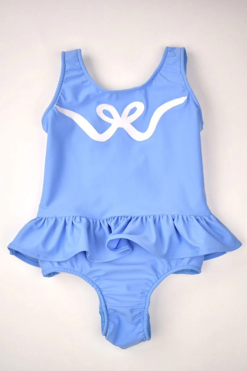Girls Blue Ruffle Swimsuit with White Bow Appliqu\u00e9 by Funtasia Too! | Persnickety
