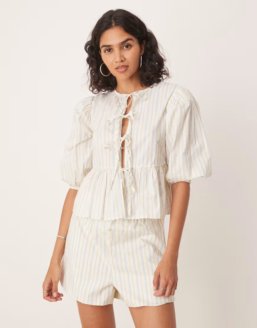 Glamorous puff sleeve bow tie up blouse in white blue brown stripe co-ord-Multi | ASOS (Global)