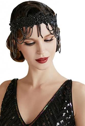 BABEYOND 1920s Flapper Headpiece Headband Great Gatsby Chain Headband for Women (Black) | Amazon (US)