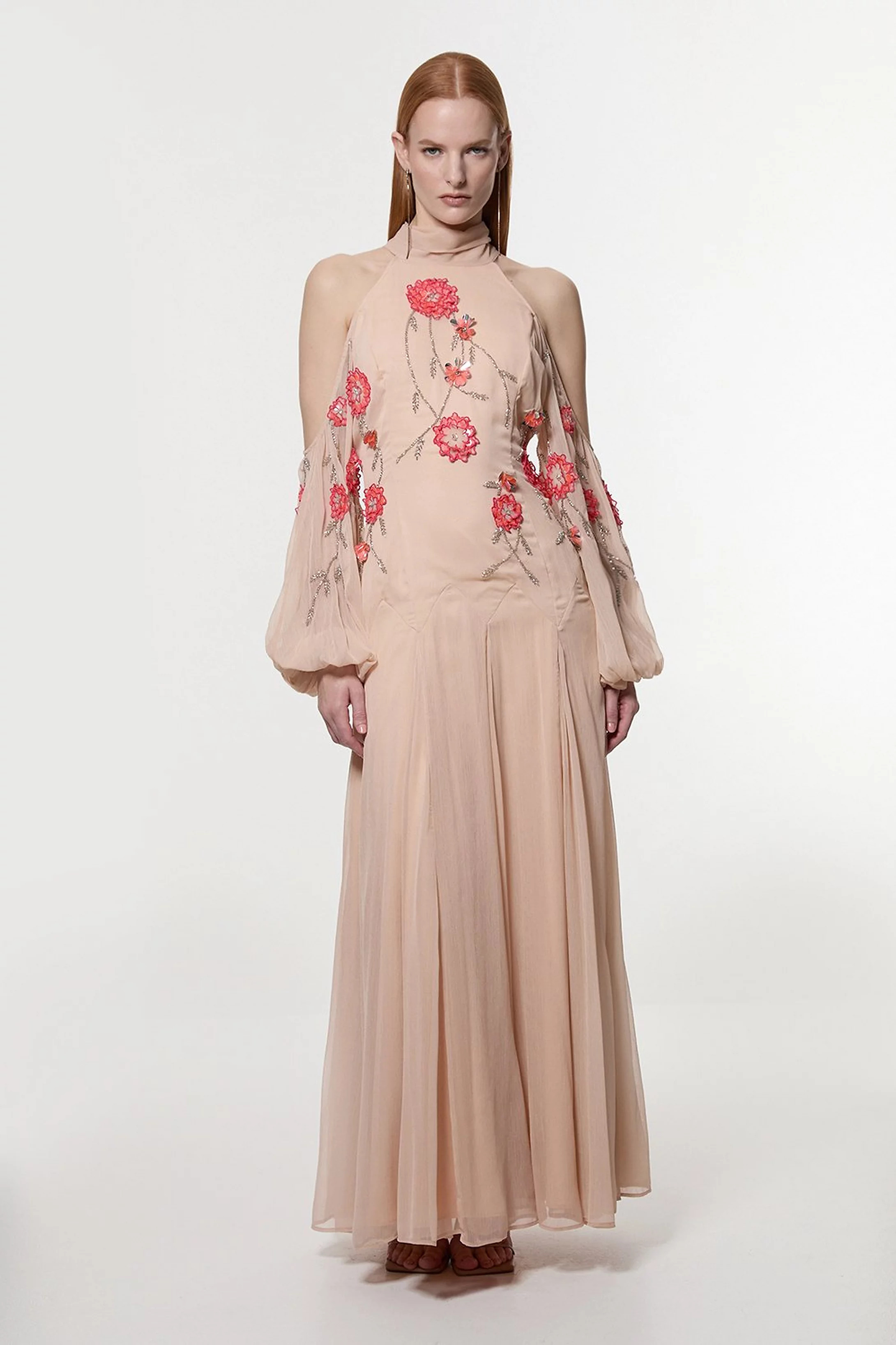 Petite Cold Shoulder 3D Floral Applique Woven Maxi Dress | Karen Millen | Karen Millen US