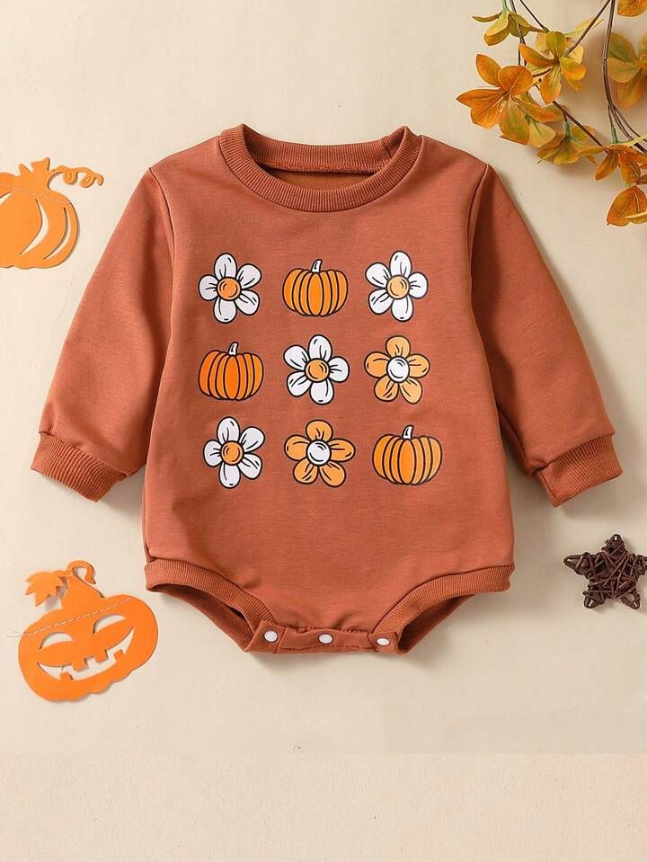 NewPumpkin Print Long Sleeve Baby Romper, Autumn/Winter Holiday Style Outfit Fit For 0-2 Years Ol... | SHEIN