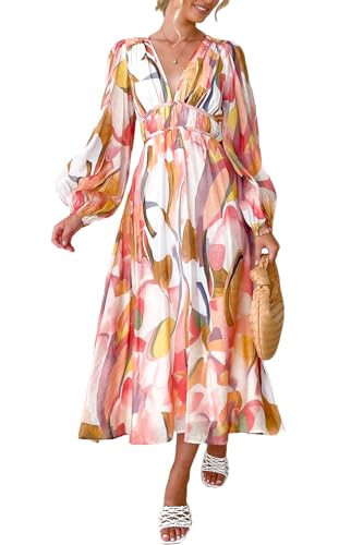 Maxigerui Women's Long Sleeve Floral Maxi Dress 2026 Spring Summer Wedding Guest Dress Pink Watercolor M | Amazon (US)