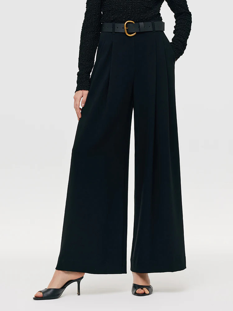 Pantalones anchos de triacetato para mujer con cinturón de cuero | GOELIA