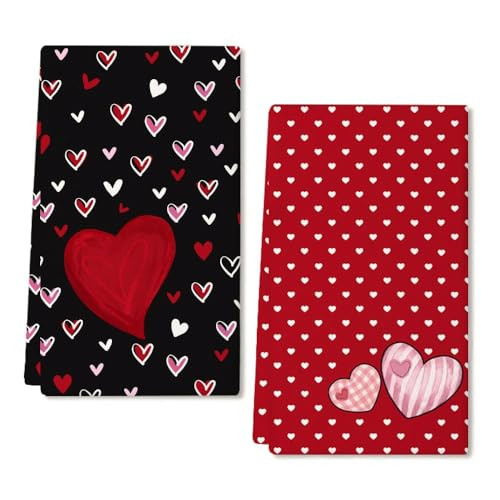 ARKENY Valentines Day Kitchen Towels Set of 2,Black Red Watercolor Heart Dish Towels 18x26 Inch Drying Dishcloth,Farmhouse Home Wedding Decoration AD184 | Amazon (US)