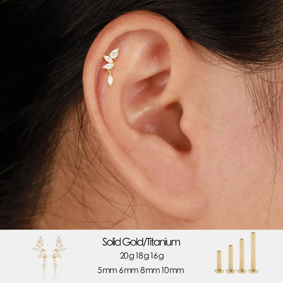 14K Solid Gold Lab Diamond Dangle Cartilage Earring: Threadless Flat Back Stud - Etsy | Etsy (US)