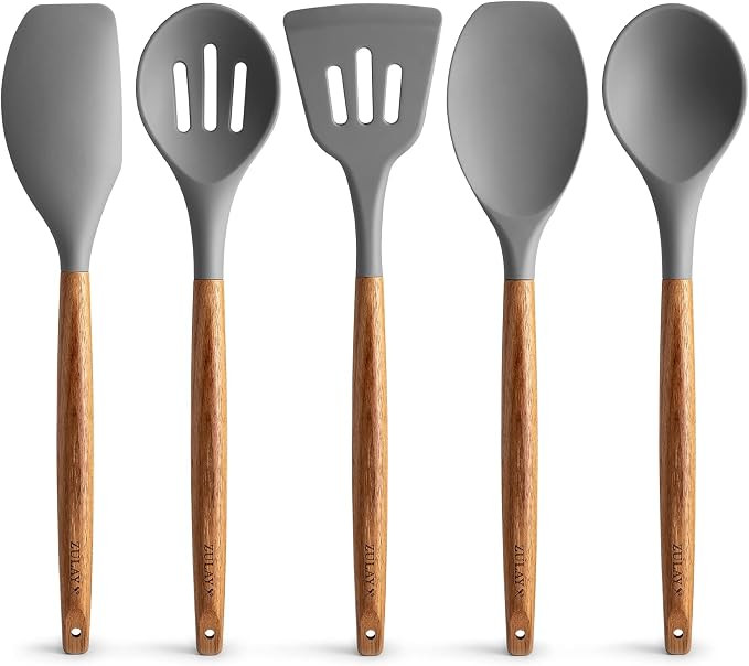 Zulay Non-Stick Silicone Utensils Set with Authentic Acacia Wood Handles - 5 Piece Silicone Cooki... | Amazon (US)