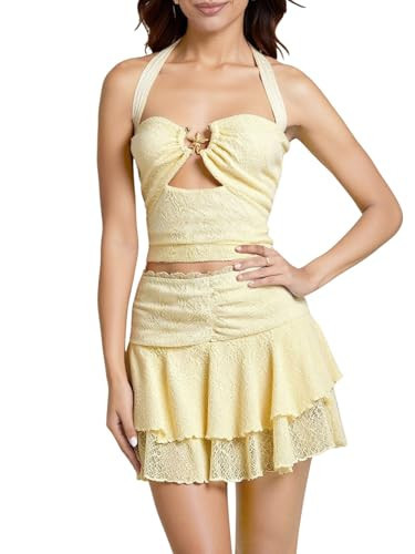 winkbay Women's 2 Piece Beach Vacation Outfits Cute Lace Cut Out Halter Crop Top and Ruffle Mini Skirt Set Yellow Large | Amazon (US)