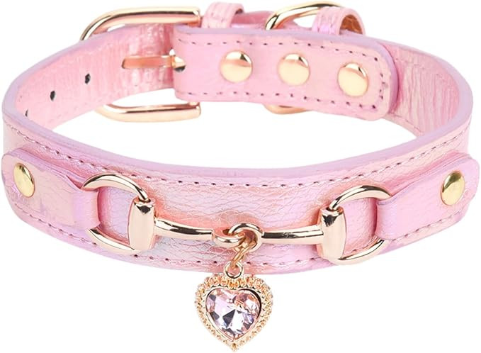 THAIN Fashion Dog Collar with Bling Diamonds & Heart Charm – 5 Holes Adjustable PU Leather Rhin... | Amazon (US)