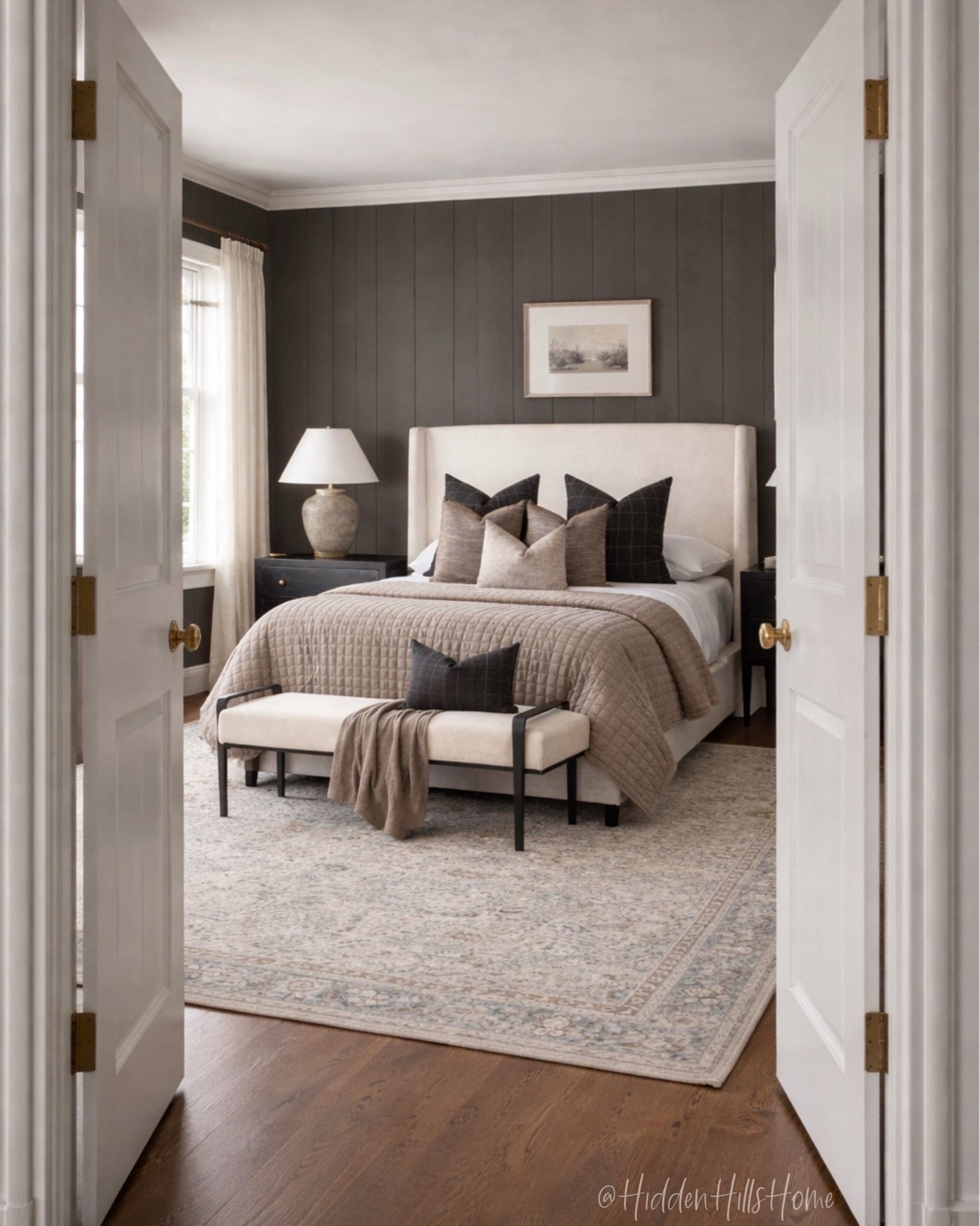 Moody bedroom decor, bedroom inspiration, master bedroom design, primary bedroom ideas with dark accent wall; Tilly bed #bedroom 

Wall color is Ubrane Bronze

#LTKHome #LTKSaleAlert #LTKSeasonal