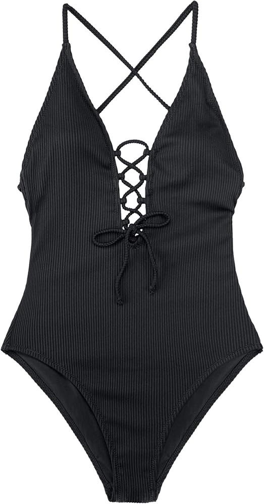 CUPSHE Women's Solid Color V Neck Lace Up One Piece Swimsuit | Amazon (US)