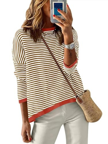 ANRABESS Womens Striped Sweaters Long Sleeve Top Crewneck Color Block Casual Loose Knitted Pullover Shirts 2025 Fall Outfits Brown White Orange Large | Amazon (US)
