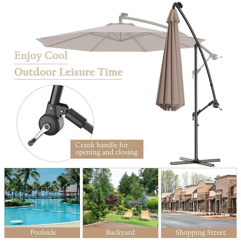 Costway 10' Hanging Solar LED Umbrella Patio Sun Shade Offset Market W/Base Tan | Walmart (US)