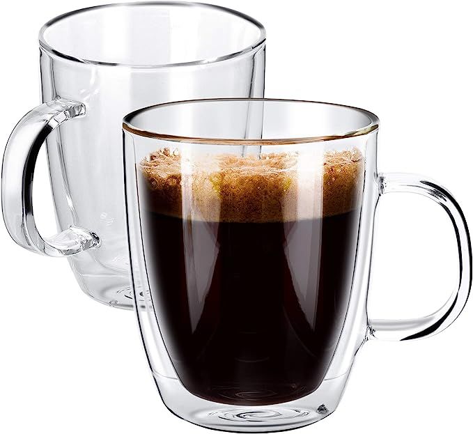Liuruiyu Glass Coffee Mugs 12 oz(350 ml) Set of 2 Double Wall Clear Coffee Cappuccino Cups with H... | Amazon (US)