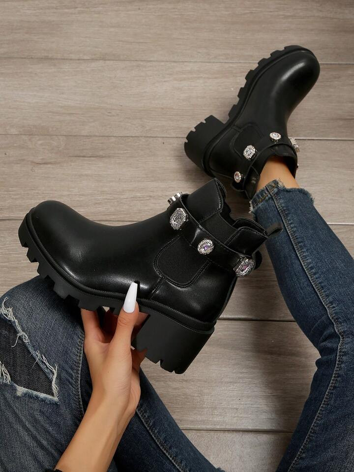 Ladies' Black Fashion Booties With Rhinestone Decoration & Chunky Heel Chelsea Boots | SHEIN USA | SHEIN