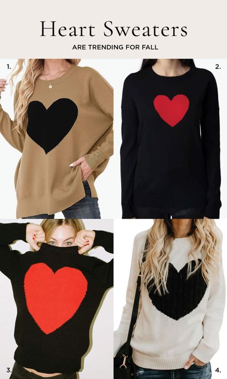 Heart sweaters are trending for fall! Here are my favorites: oversized tan sweater with black heart, fitted lightweight navy sweater with small red heart on the chest, and affordable white sweater with large black heart. Two of these are under $50! 

#LTKstyletip #LTKover40 #LTKunder50