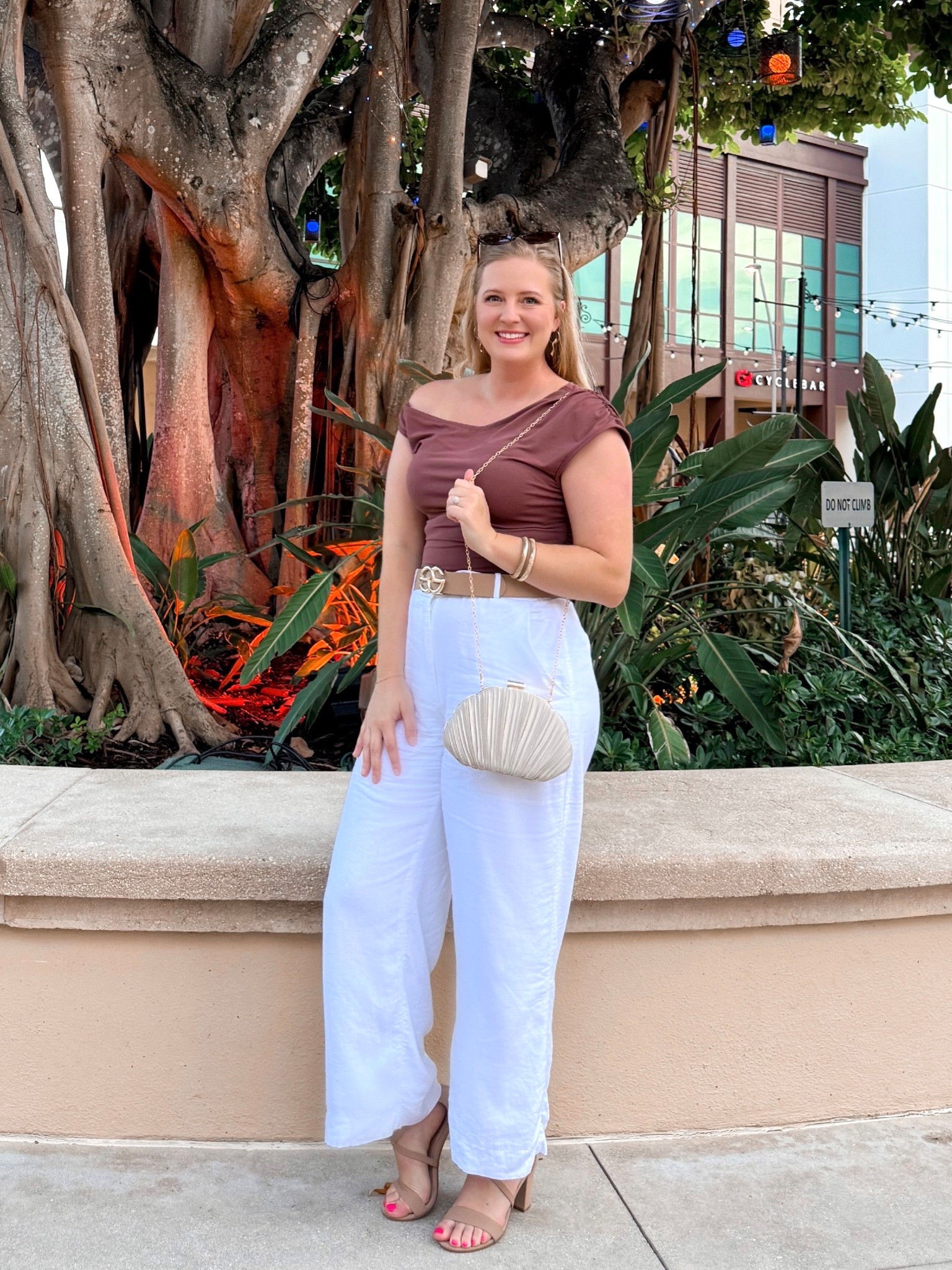 Breathable white line pants, an off-the-shoulder moment, nude heels & gold jewelry complete the perfect sip and yap outfit! 🍇🍸✨

#LTKItBag #LTKTravel #LTKFindsUnder100