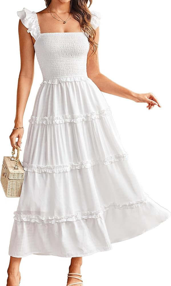 GRACE KARIN 2025 Womens Summer Beach Dress Square Neck Casual A-Line Maxi Sundress with Pocket | Amazon (US)