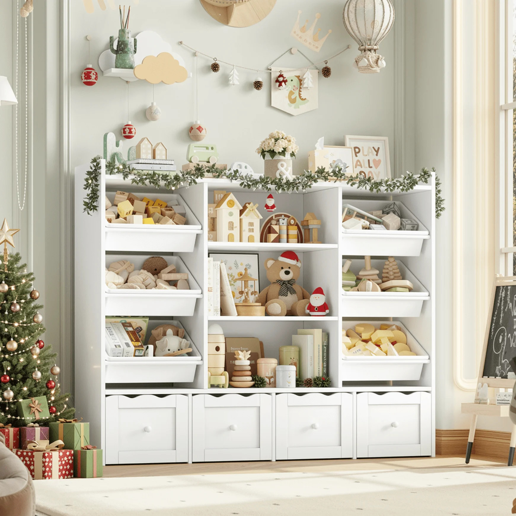 Hiphuta 55" Wide Toy Storage Organizer with 4 Removable Drawers, 4-Tier Kid Bookcase with 6 Bins,... | Walmart (US)